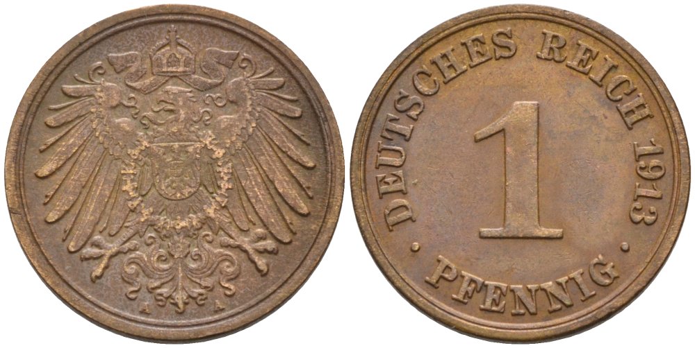 Германия 1 пфенниг 1913 A KM 10, J. 10 медь 4576-222