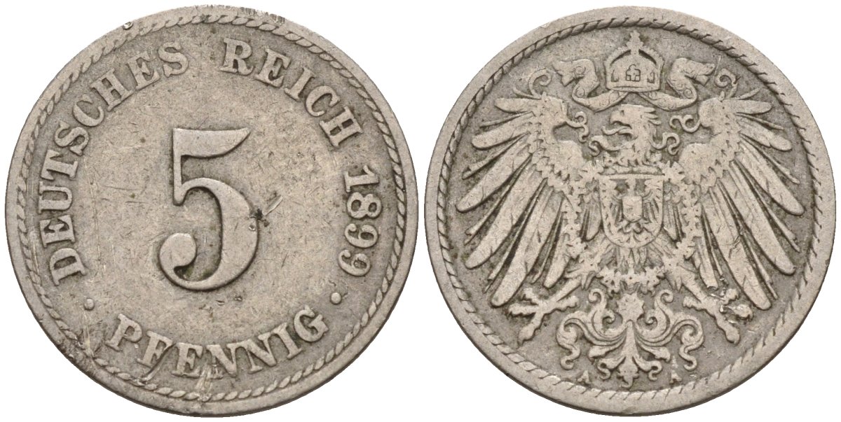 Германия 5 пфеннигов 1899 A KM 11, J. 12 медно-никель 4151-421