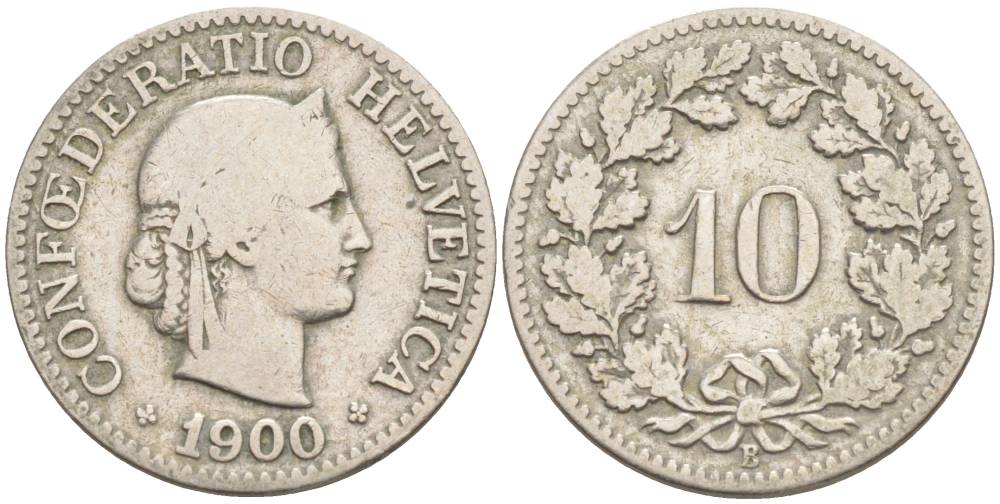ШВЕЙЦАРИЯ 10 РАППЕНОВ 1900 В KM 27 медно-никель 96-614