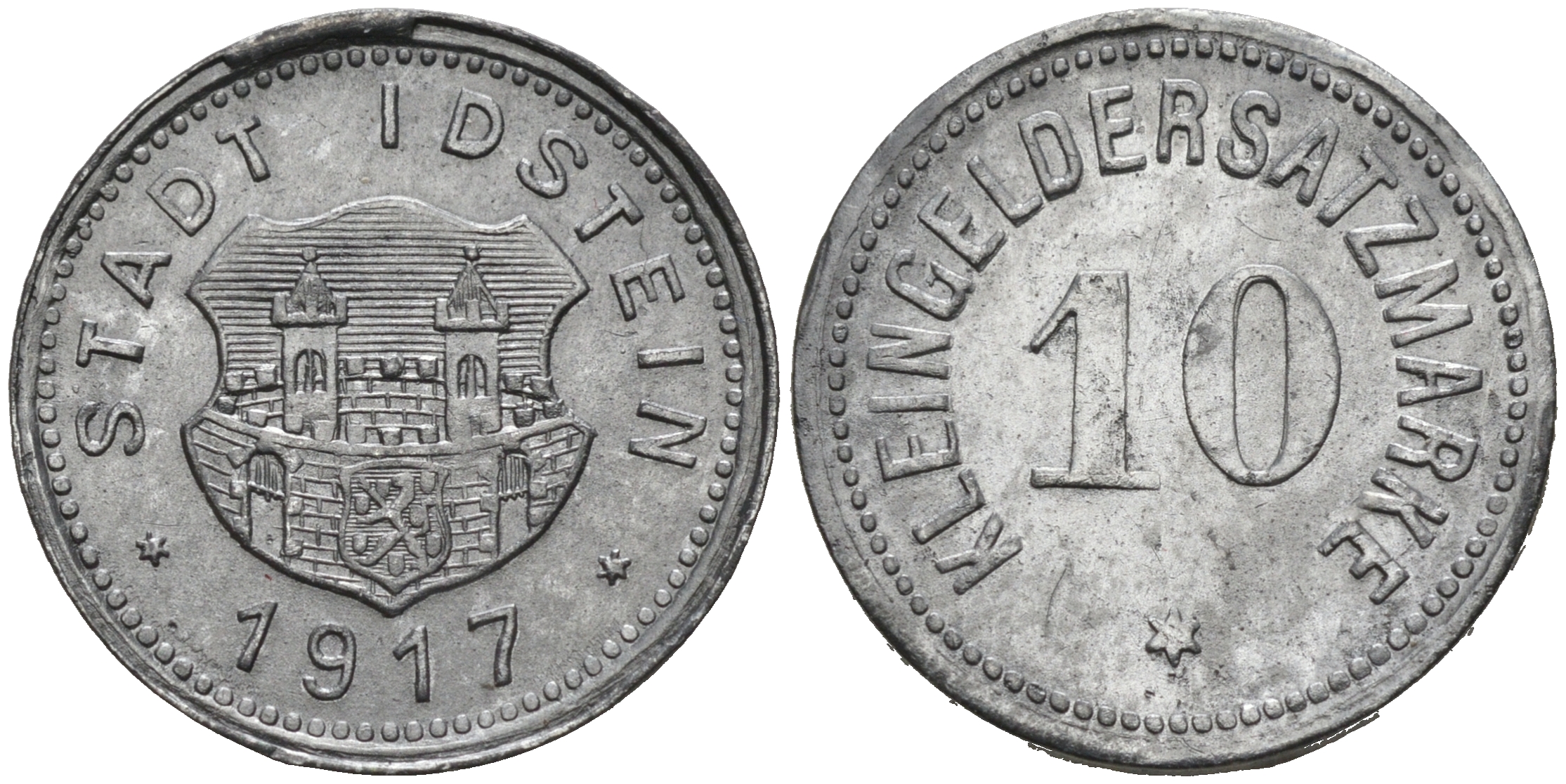 ГЕРМАНИЯ ГЕССЕН-НАССАУ ИДСТЕЙН 10 ПФЕННИГОВ 1917 КЛЯЙНГЕЛЬД цинк 75-1613