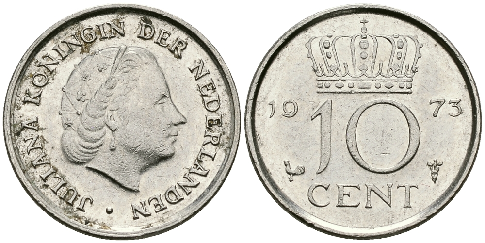 НИДЕРЛАНДЫ 10 ЦЕНТОВ 1973 ЮЛИАНА KM 182 никель 96-419