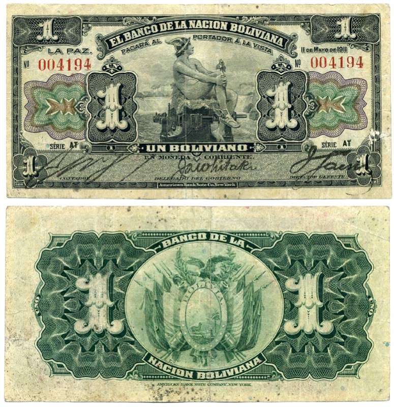 Боливия 1 боливиано 1911 серия АТ черная, Меркурий Pick 102 а (9)  бумага 8612-17-1-2