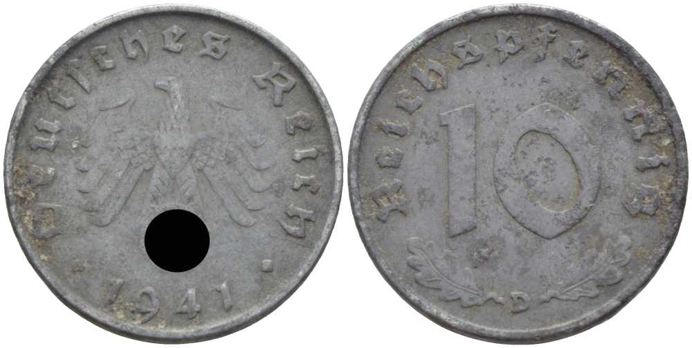 ГЕРМАНИЯ 10 РЕЙХСПФЕННИГОВ 1941 D KM 101, J. 371 цинк 4401-735