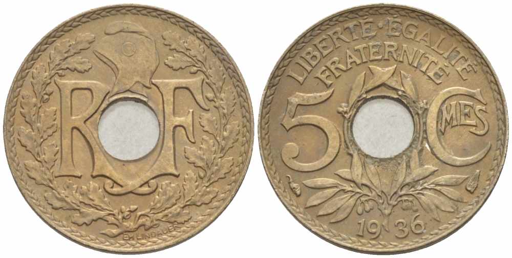 ФРАНЦИЯ 5 САНТИМОВ 1936 ТИП ЛИНДАЙЁ KM 875, LE FRANC 122.19 медно-никель 105-369