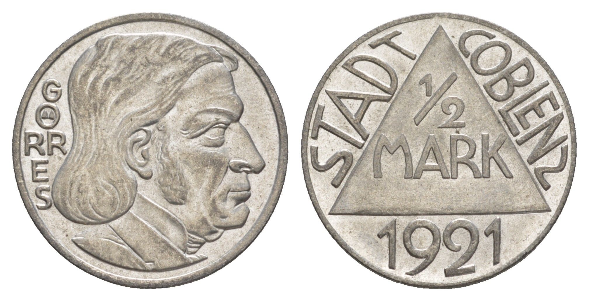 Кобленц 1/2 марки 1921 Funck 80.9A, Men05 4526.18, Men18 5727.18/20 сталь UNC 4582-1143