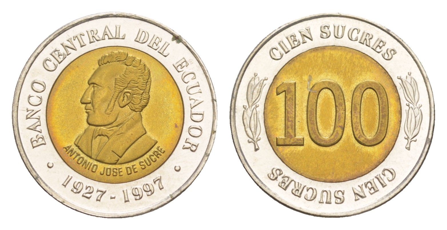 Эквадор 100 сукре 1997 70 лет Центробанку KM 101 биметалл UNC 4640-1249