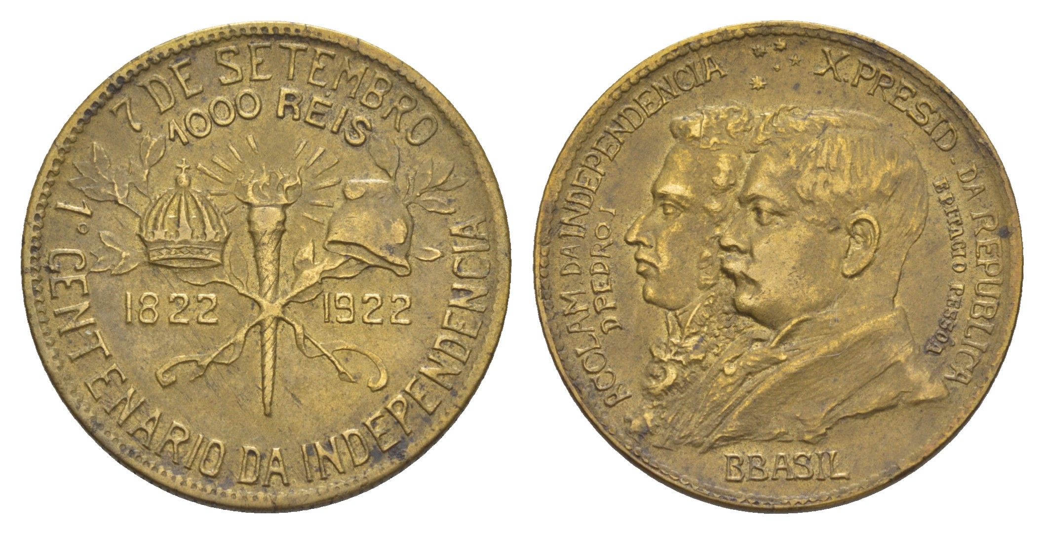 Бразилия 1000 реалов (рейсов) 1922 100 лет независимости Бразилии, брак - BBASIL вместо BRASIL KM 522.2 алюминиевая бронза 1519-1244