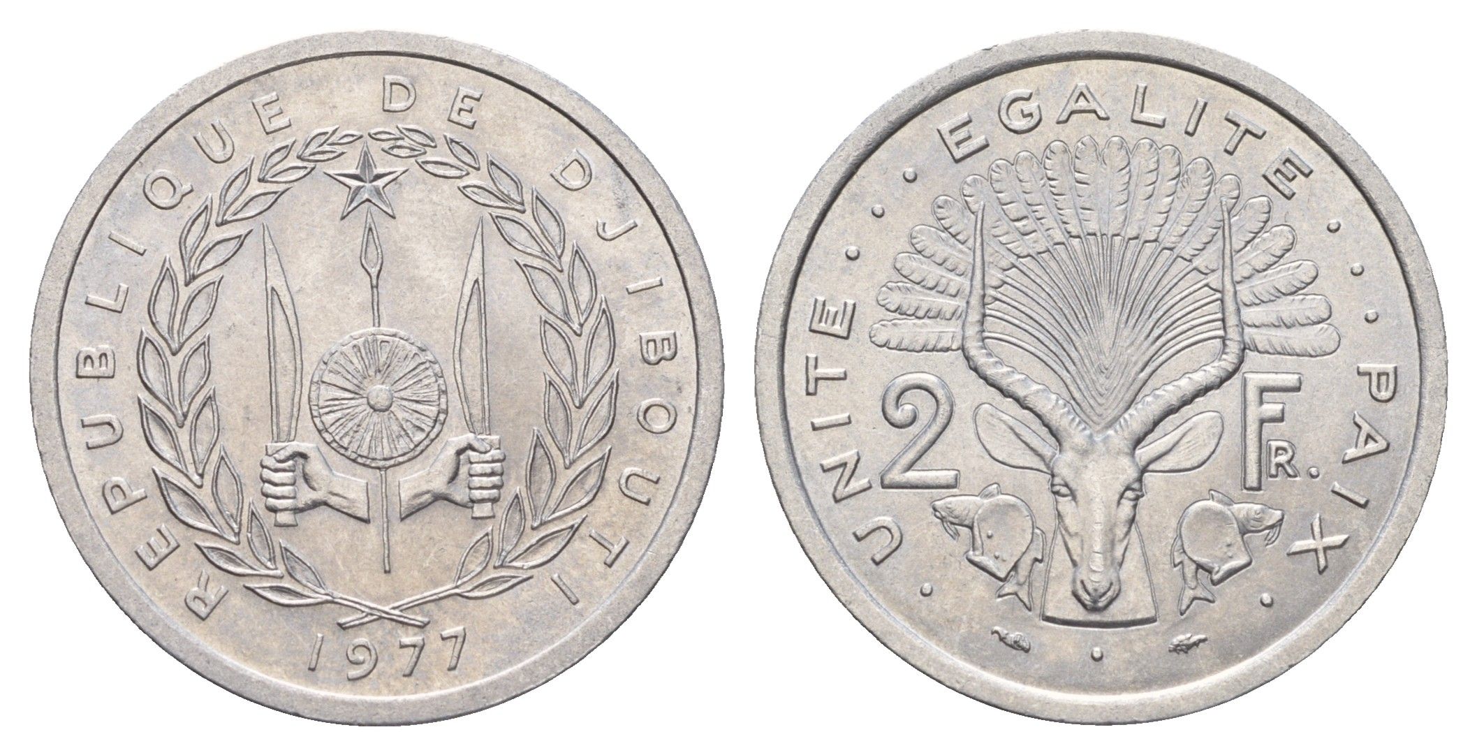 Джибути 2 франка 1977 KM 21 алюминий UNC 4671-142