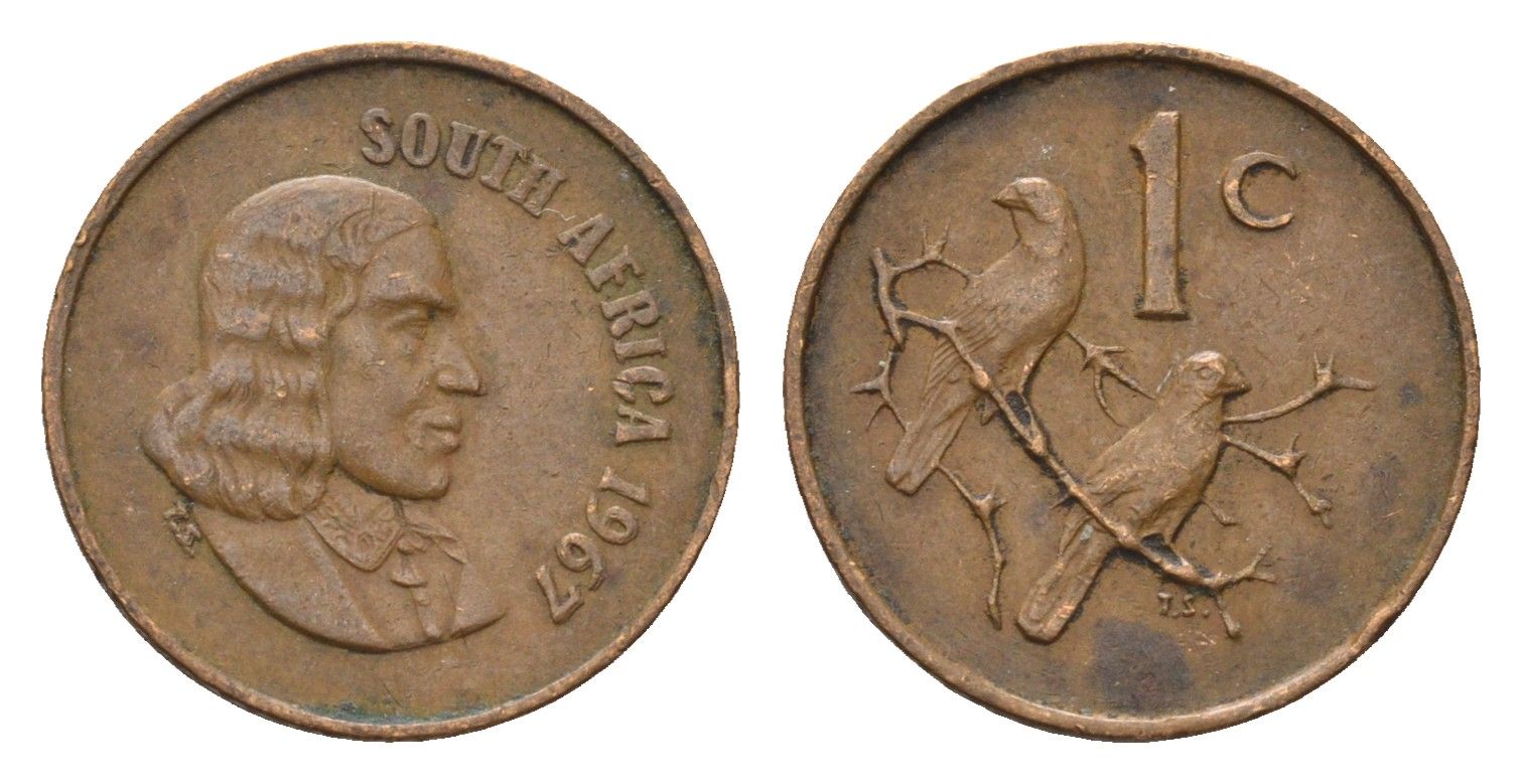ЮАР 1 цент 1967 Ян ван Рибек (1619-1677), South Africa, легенда на африкаанс, капские воробьи KM 65.1 бронза 4690-1154