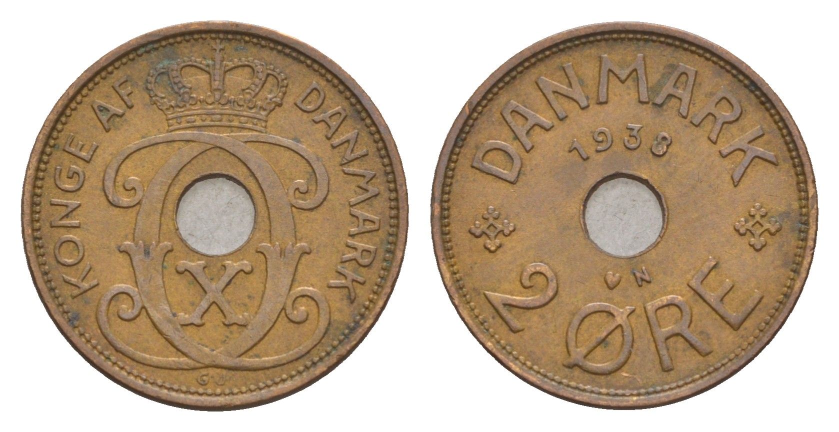 Дания 2 эре 1938 N, Кристиан X (1912-1947) KM 827 бронза 4658-253