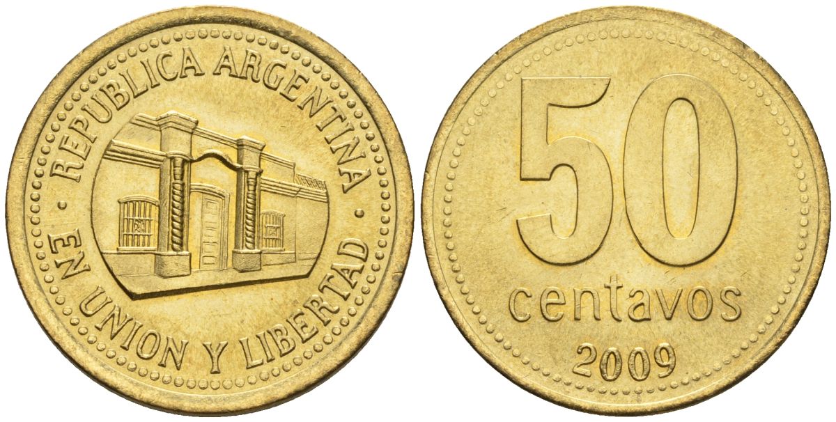 Аргентина 50 сентаво 2009 здание конгресса Тукумана, узкие буквы KM 111.1, CJ 5, Schon 112 алюминиевая бронза    60-452