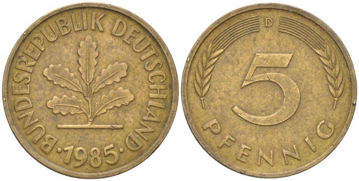 ФРГ 5 пфеннигов 1985 D KM 107 сталь плакированная латунью 4613-1228