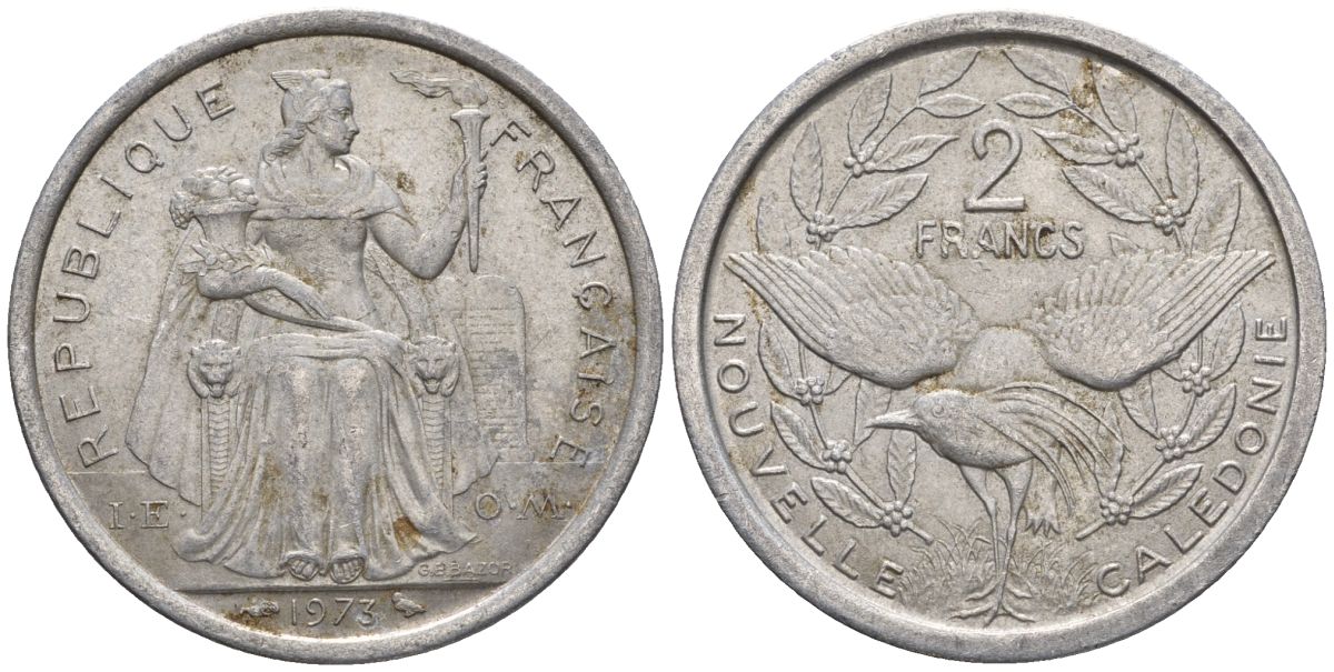 Французская Новая Каледония 2 франка 1973 птица кагу, (IEOM) KM 14, Schoen 11, Lec 57 алюминий    27-351