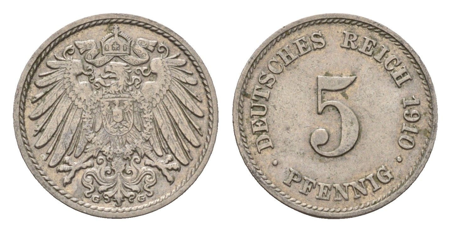 Германия 5 пфеннигов 1910 G, Вильгельм II (1888-1918) KM 11, J. 12 медно-никель 4636-217