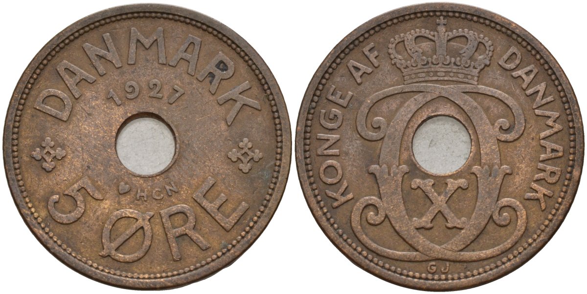 Дания 5 эре 1927 Кристиан X (1912-1947) KM 828 бронза 4526-243
