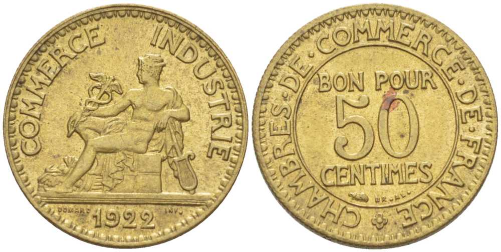 Франция 50 сантимов 1922 тип Chambre de Commerce KM 884, Le Franc 191.5 алюминиевая бронза 211-649