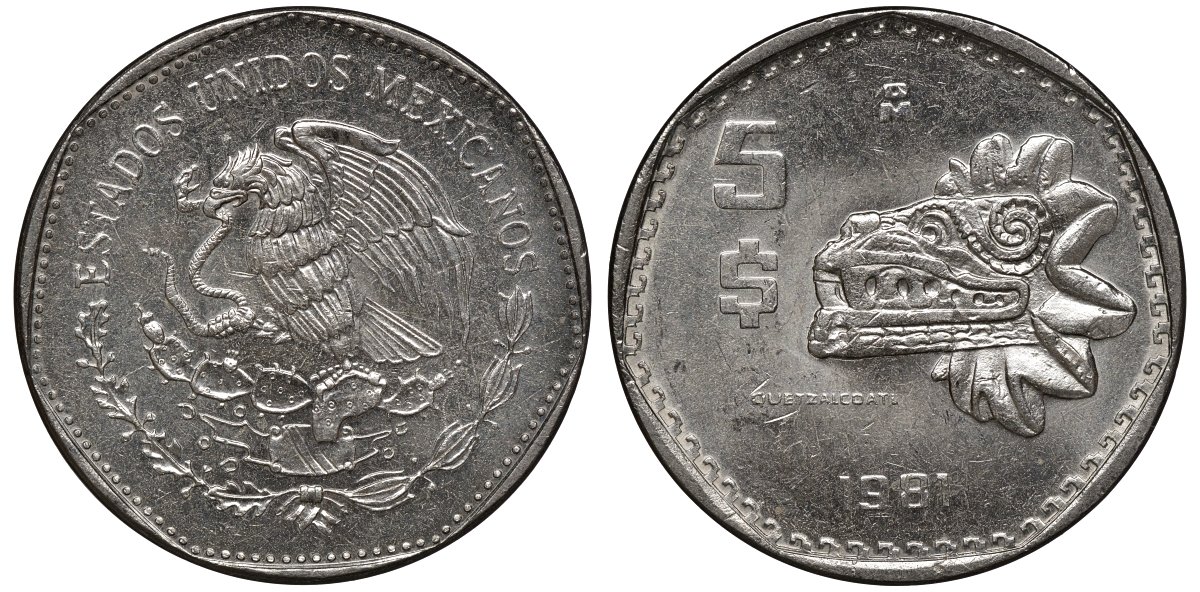 Мексика 5 песо 1981 Мо, бог Кетцалькоатцаль (пернатый змей) KM 485 медно-никель UNC 4367-1042