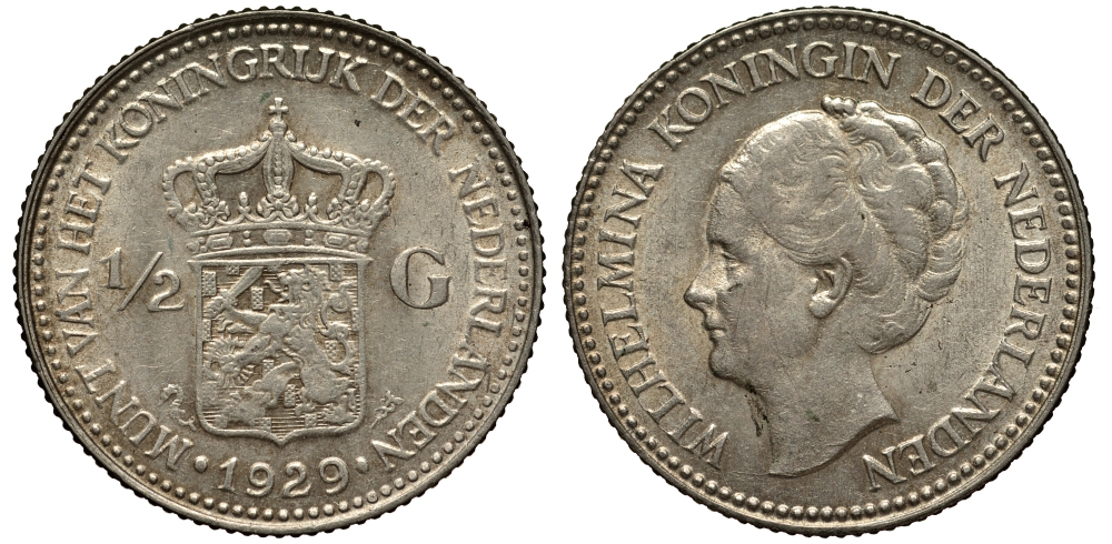 Нидерланды 1/2 гульдена 1929 Вильгельмина I (1890-1948) KM 160 серебро 31-814