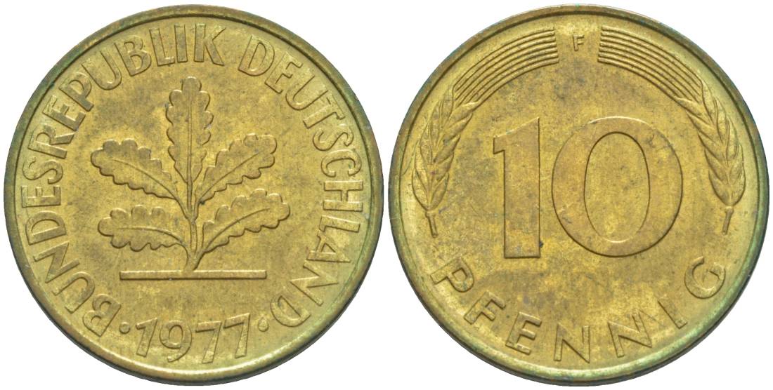 ФРГ 10 ПФЕННИГОВ 1977 F KM 108, J. 383 сталь плакированная латунью 219-515