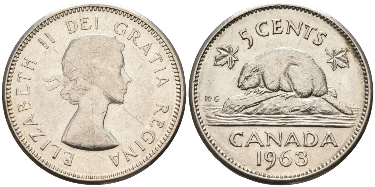 Канада 5 центов 1963 бобр, Елизавета II (1952-) KM 57 никель 4126-513
