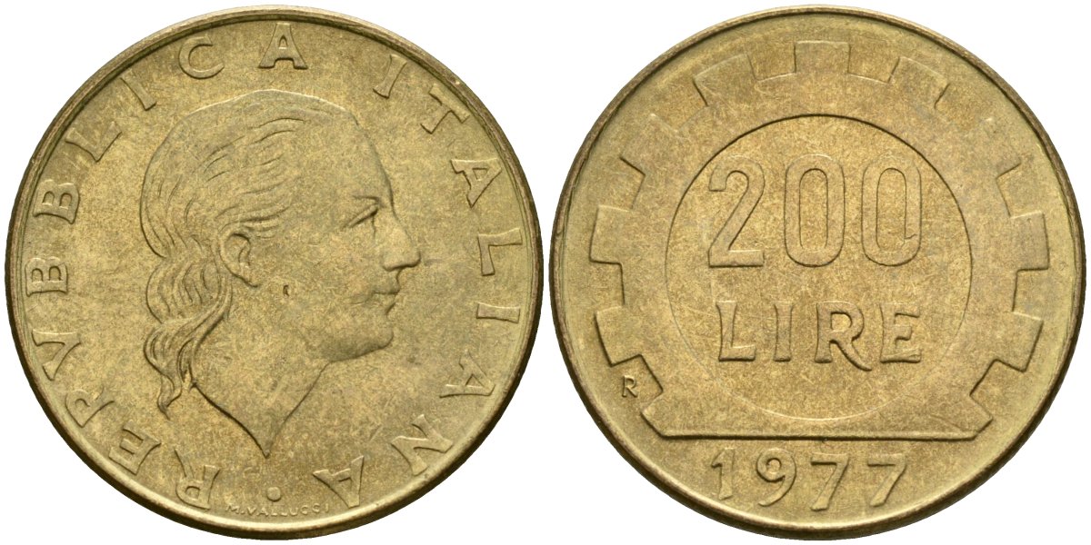 Италия 200 лир 1977 R, шестерня KM 105 алюминиевая бронза 4171-933