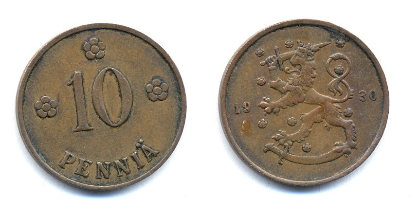 Финляндия 10 пенни 1930 республика (1918-1962) KM 24 медь 51-5322