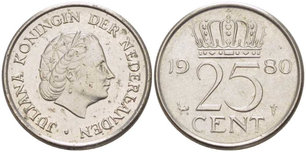 НИДЕРЛАНДЫ 25 ЦЕНТОВ 1980 ЮЛИАНА (1948-1980) KM 183 никель 214-1125
