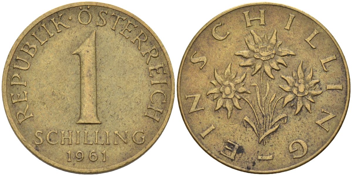 Австрия 1 шиллинг 1961 KM 2886 алюминиевая бронза 4592-1012