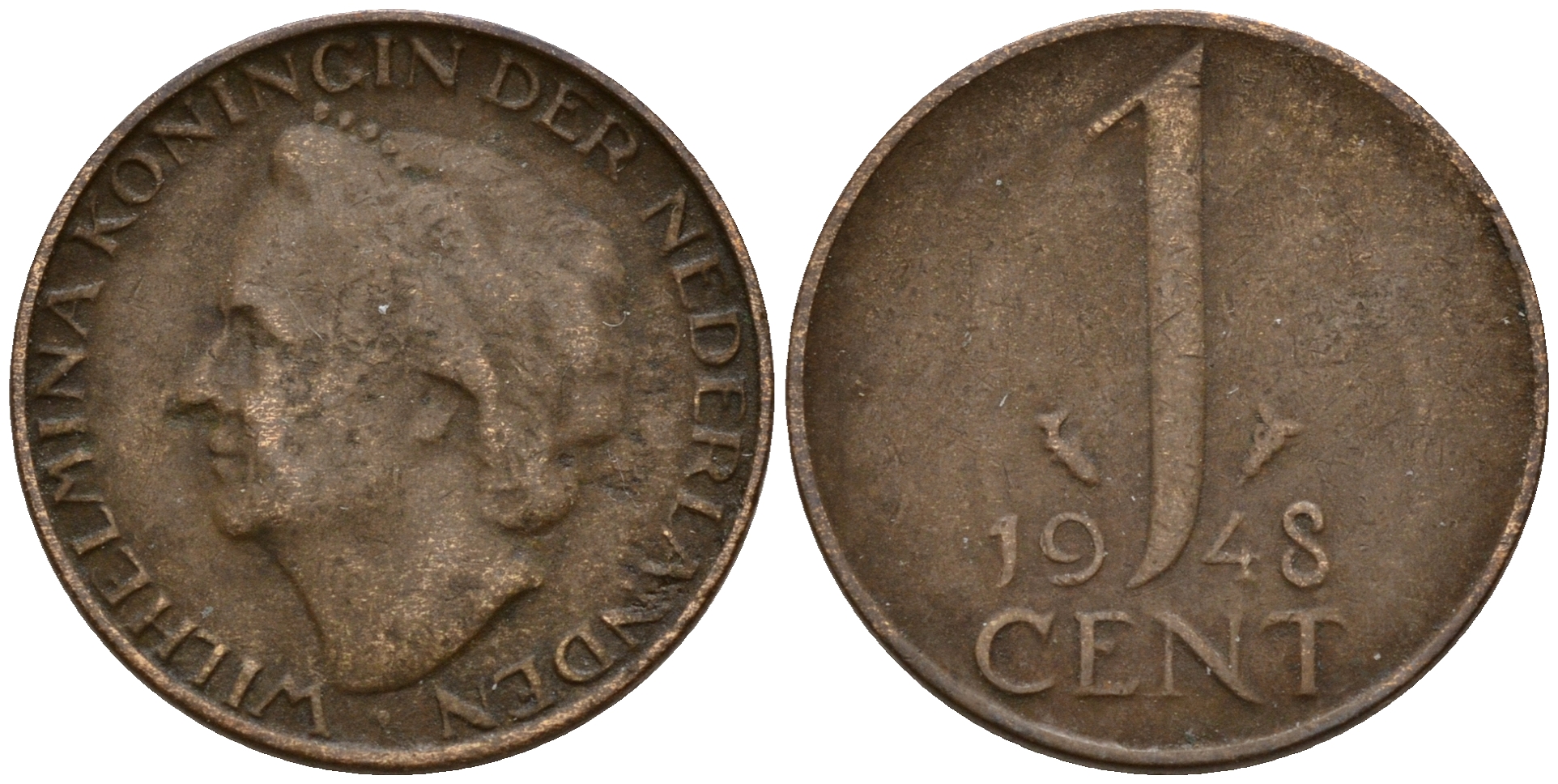 Нидерланды 1 цент 1948 Вильгельмина (1890-1948), год тип KM 175 бронза 4598-1249