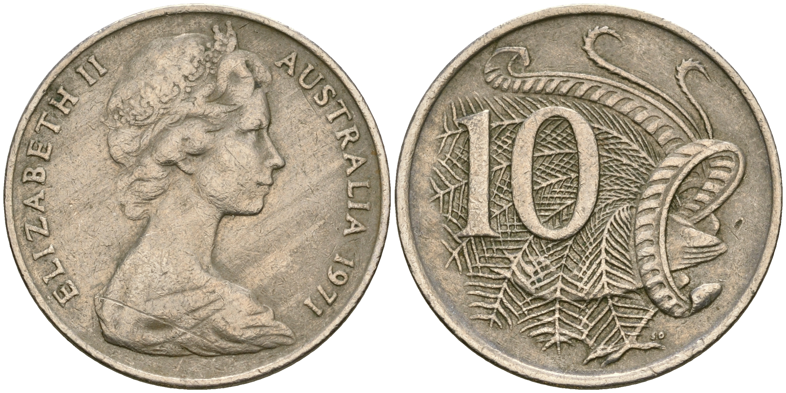 Австралия 10 центов 1971 Елизавета II (1952-), птица лирахвост KM 65 медно-никель 4364-1957