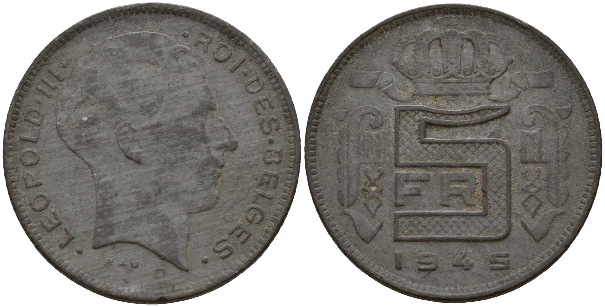 Бельгия 5 франков 1945 DES BELGES, Леопольд III (1934-1947) KM 130 цинк 4161-951