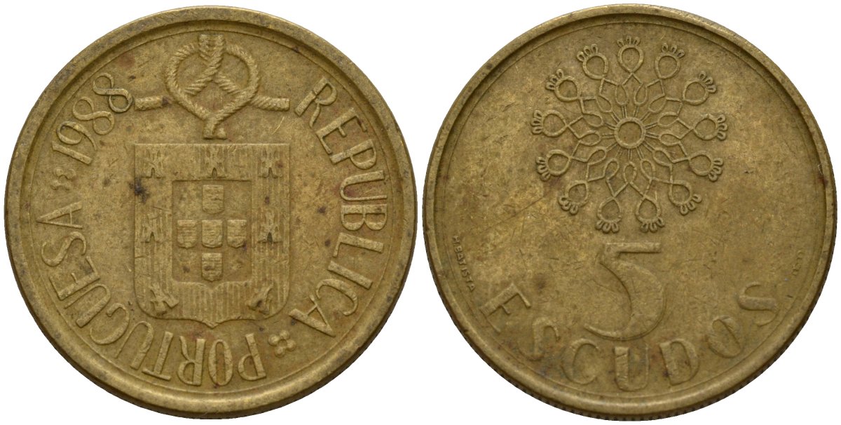 Португалия 5 эскудо 1988 KM 632 никель латунь 4156-611