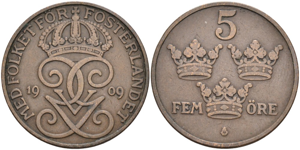 Швеция 5 эре 1909 Густав V (1907-1950), большой крест KM 779.2 бронза 4557-536