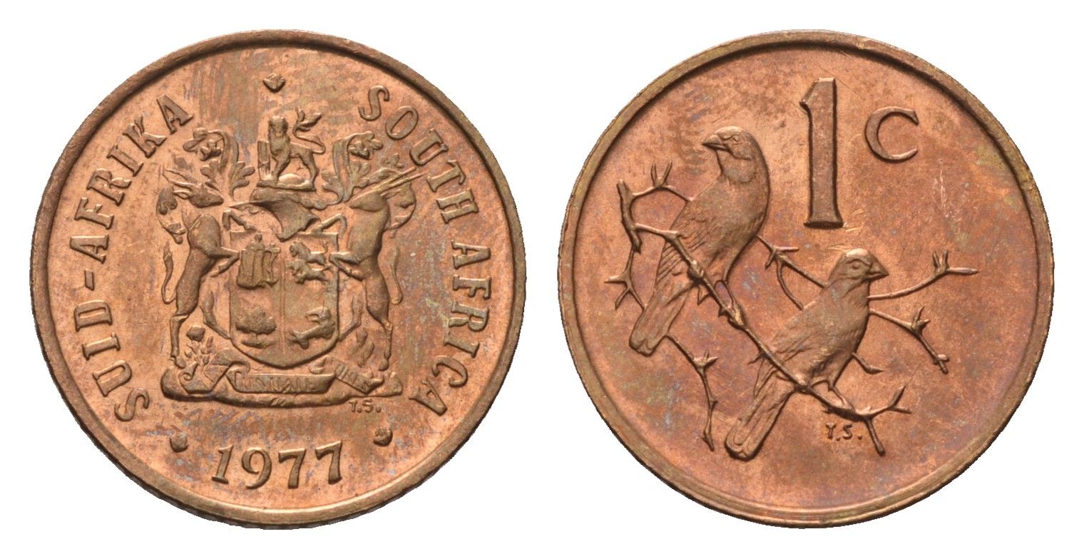 ЮАР 1 цент 1977 герб, капские воробьи KM 82 бронза UNC 4690-933