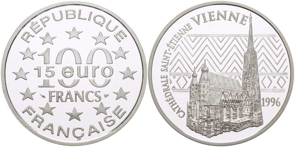 Франция 100 франков - 15 евро 1996 серия архитектурные монументы европы, кафедральный собор Сент-Этьен в Вене KM 1140 серебро PROOF 1074-5-41