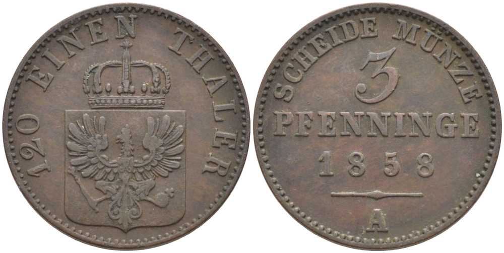 ПРУССИЯ 3 ПФЕННИГА 1858 А, ФРИДРИХ ВИЛЬГЕЛЬМ (1840-1861) KM 453 медь 117-1046