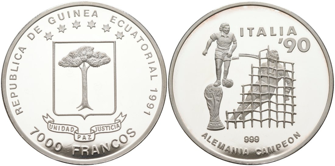 Экваториальная Гвинея 7000 франков 1991 Чемпионат мира по футболу KM 67 серебро PROOF 11-077-44