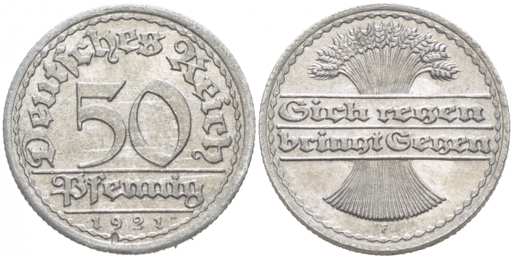 ГЕРМАНИЯ 50 ПФЕННИГОВ 1921 F KM 27, J. 301 алюминий 77-554