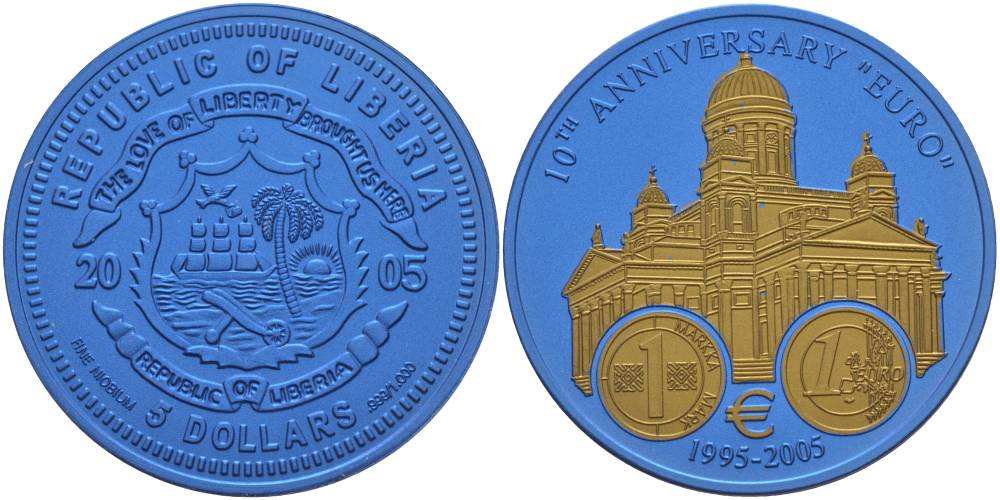 Либерия 5 долларов 2005 10 лет евро, страны еврозоны, Финляндия, с сертификатом, би-колор (два цвета), вес 7,78 гр., диаметр 35 мм.  ниобий  UNC  1068-3-61