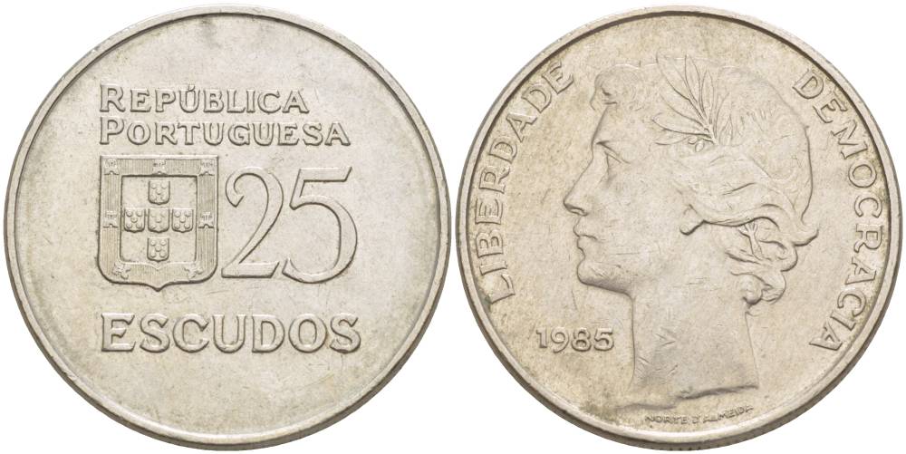 Португалия 25 эскудо 1985 KM 607а медно-никель 4542-924