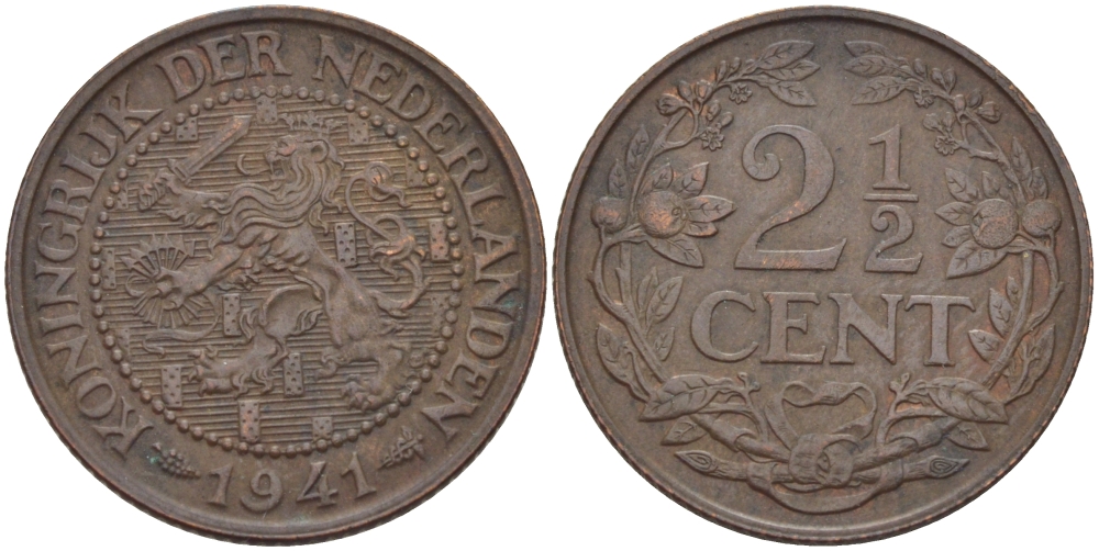 НИДЕРЛАНДЫ 2 1/2 ЦЕНТА 1941 ВИЛЬГЕЛЬМИНА KM 150 бронза 31-954