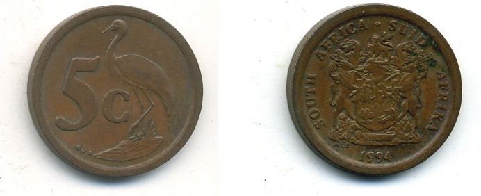 ЮАР 5 ЦЕНТОВ 1994 ПТИЦА медь 4-924