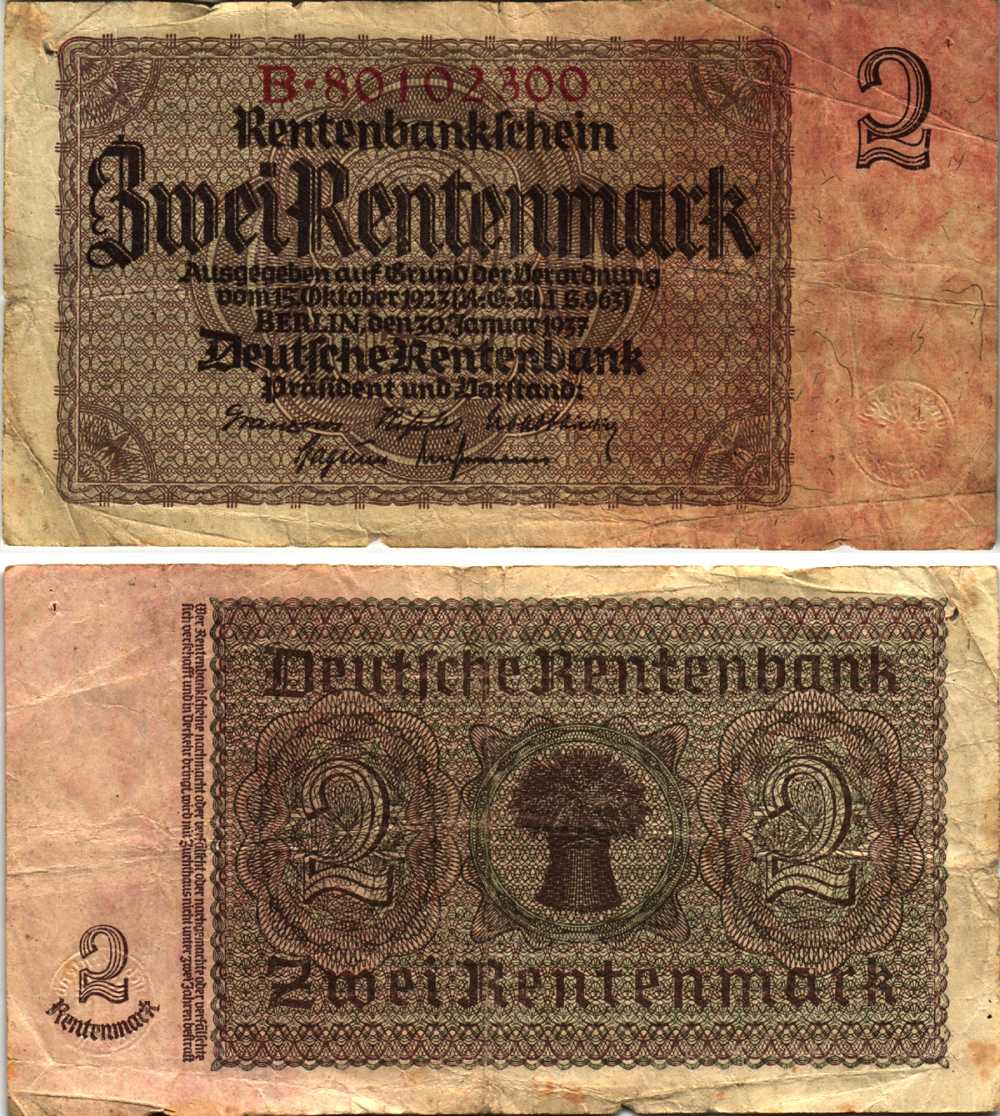 ГЕРМАНИЯ 2 РЕНТЕНМАРКИ 1937 30 ЯНВАРЯ 1937, ВЕЙМАРСКАЯ РЕСПУБЛИКА, ВОСЕМЬ ЦИФР В НОМЕРЕ СЕРИИ, СЕРИЯ B Pick 174b, Rosenberg 167b бумага 8608-35-2