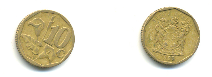 ЮАР 10 ЦЕНТОВ 1999 KM 161 сталь плакированная латунью 177-527