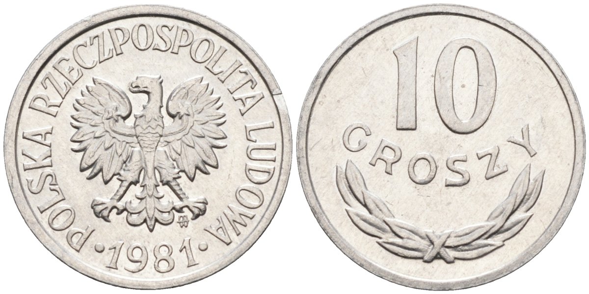 Польша 10 грошей 1981 MW, Народная Республика KM АА47, Parchimowicz 206u алюминий aUNC 4580-632