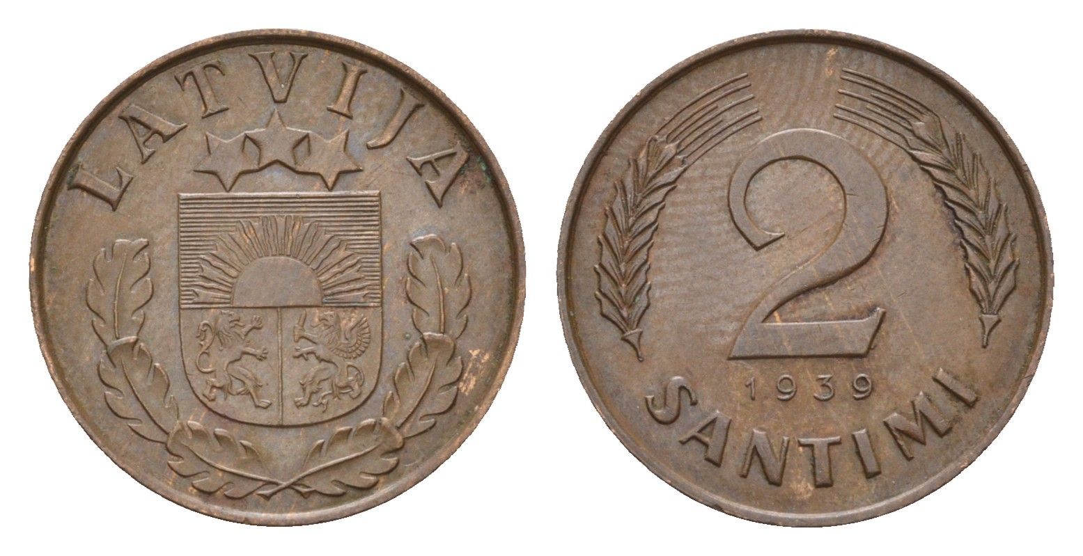 Латвия 2 сантима 1939 KM 11.2 бронза 4679-256