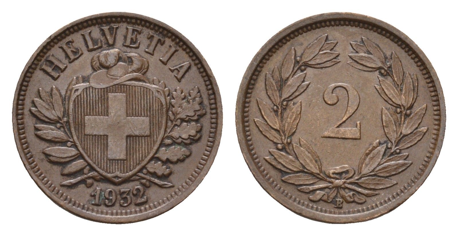 Швейцария 2 раппена 1932 B KM 4.2a бронза 46-935