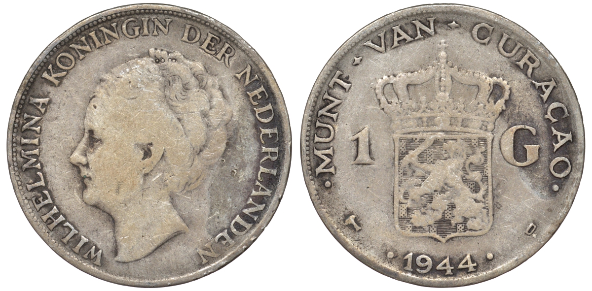 Нидерландское Кюрасао 1 гульден 1944 D, Вильгельмина (1890-1948) KM 45 серебро 36-326