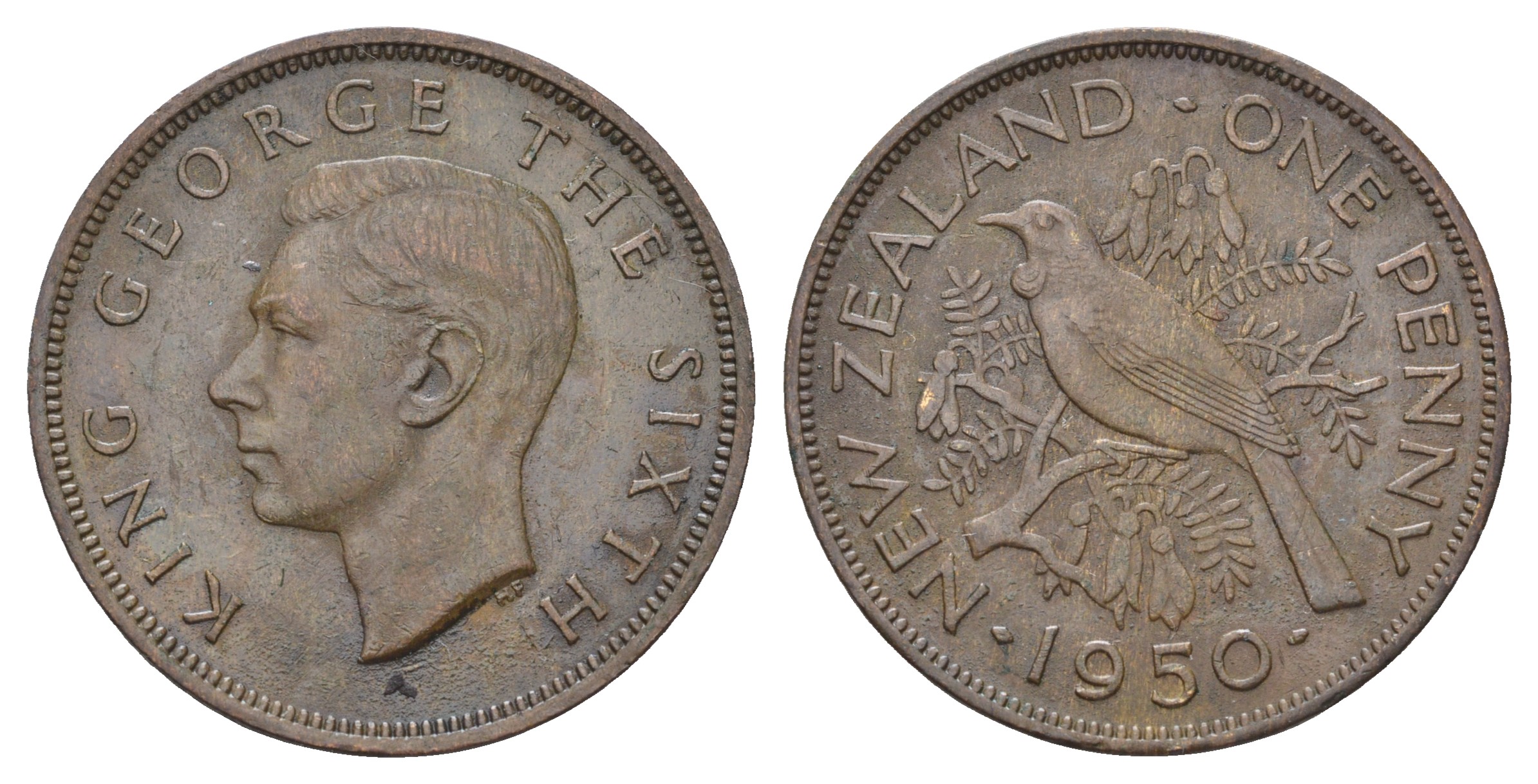 Новая Зеландия 1 пенни 1950 Георг VI (1936-1952), новозеландский туи KM 21 бронза   4512-114