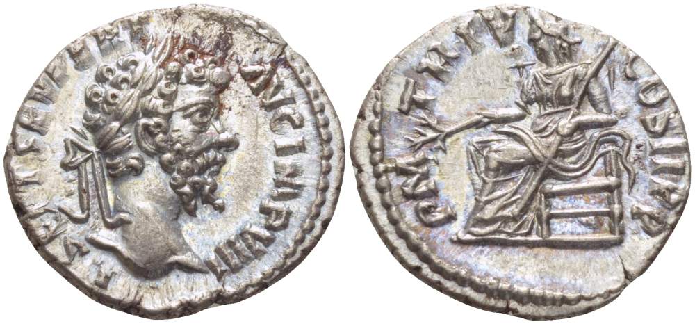 Римская Империя денарий 196 - 197 Септимий Север, L SEP SEV PERT AVG IMP VIII, бюст императора / P M TR P V COS II P P, Пация, богиня Мира, Лаодикея, 3,02 гр RIC 490a серебро 1073-18-75